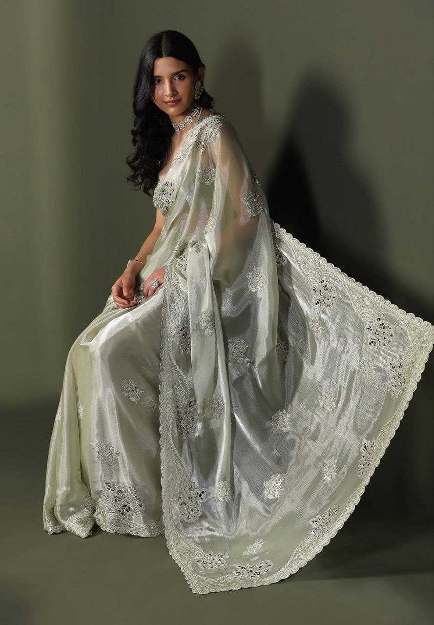 Burberry Silk Saree With Embroidery Cutwork and Stone Work Indian Party Saree
