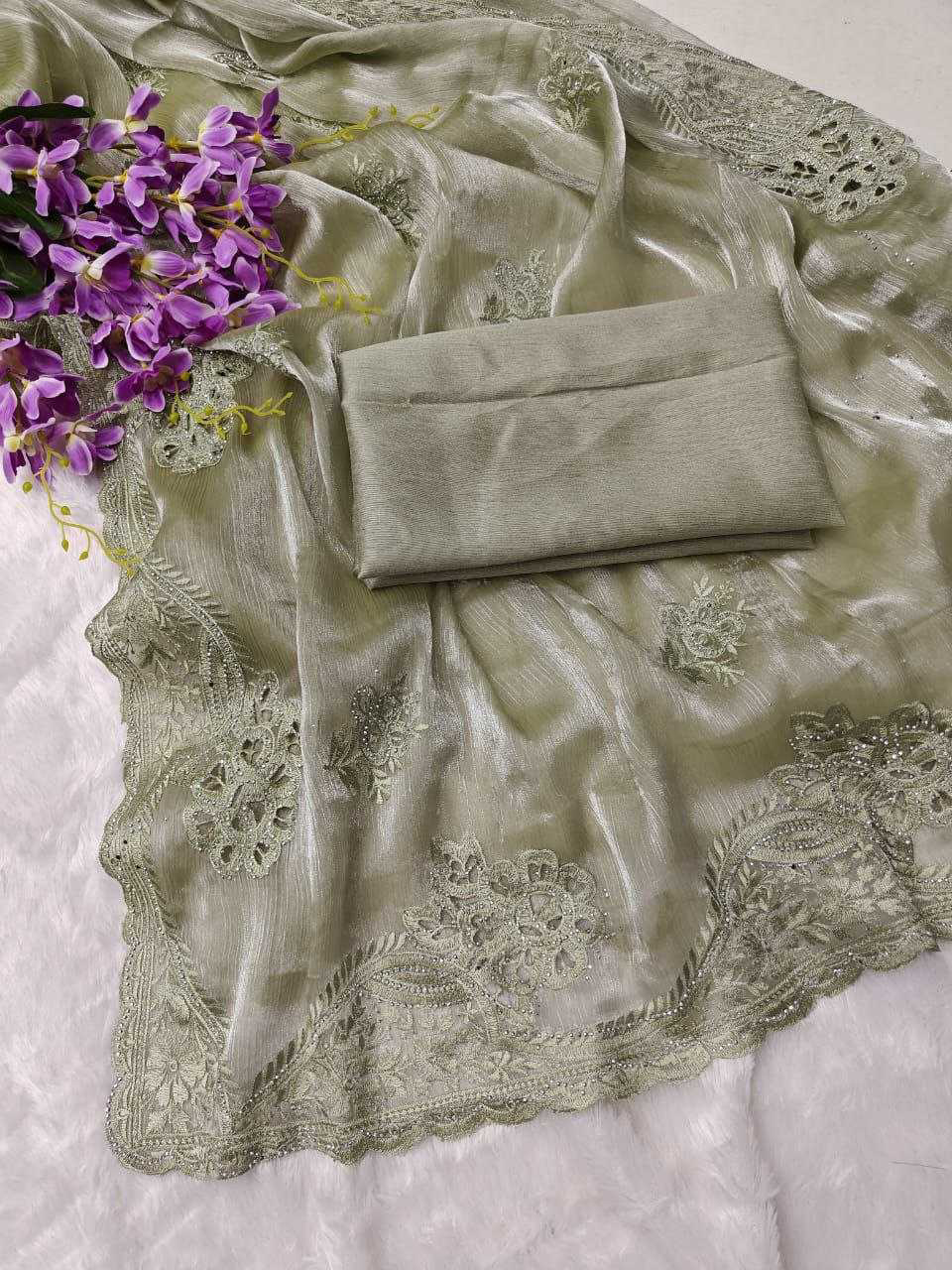 Burberry Silk Saree With Embroidery Cutwork and Stone Work Indian Party Saree