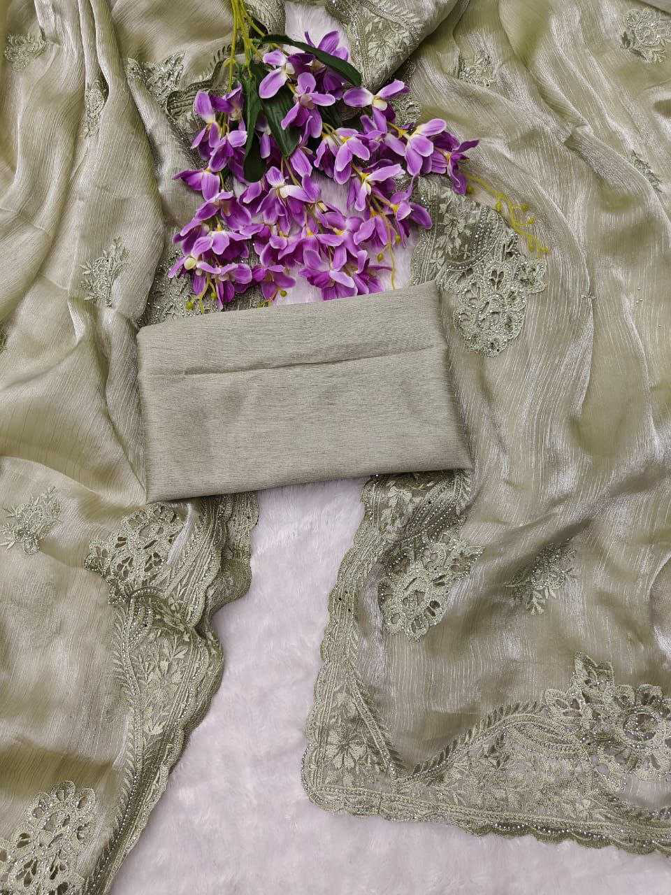 Burberry Silk Saree With Embroidery Cutwork and Stone Work Indian Party Saree