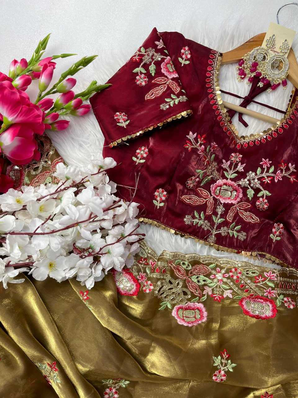 Elegant Pure Zimmy Choo Silk Blend Saree With Heavy Embroidery, Cutwork, And Sequins Border, Paired With Stitched Blouse