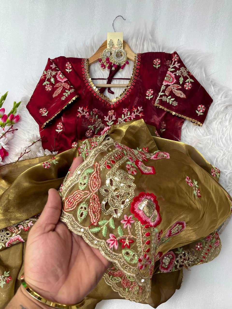 Elegant Pure Zimmy Choo Silk Blend Saree With Heavy Embroidery, Cutwork, And Sequins Border, Paired With Stitched Blouse