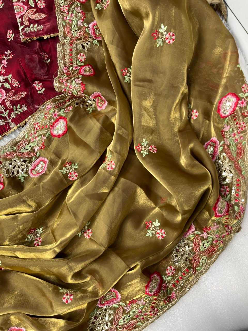 Elegant Pure Zimmy Choo Silk Blend Saree With Heavy Embroidery, Cutwork, And Sequins Border, Paired With Stitched Blouse