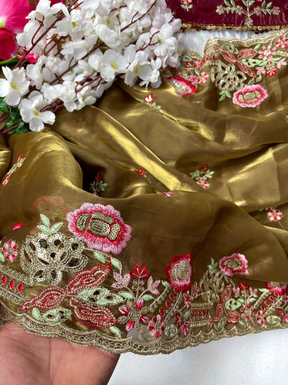 Elegant Pure Zimmy Choo Silk Blend Saree With Heavy Embroidery, Cutwork, And Sequins Border, Paired With Stitched Blouse