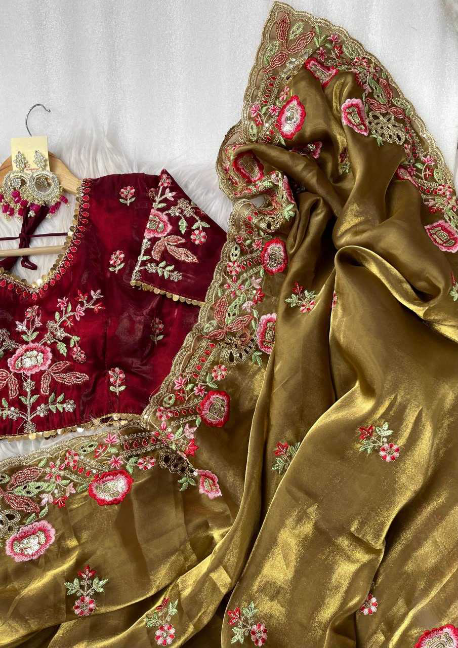 Elegant Pure Zimmy Choo Silk Blend Saree With Heavy Embroidery, Cutwork, And Sequins Border, Paired With Stitched Blouse