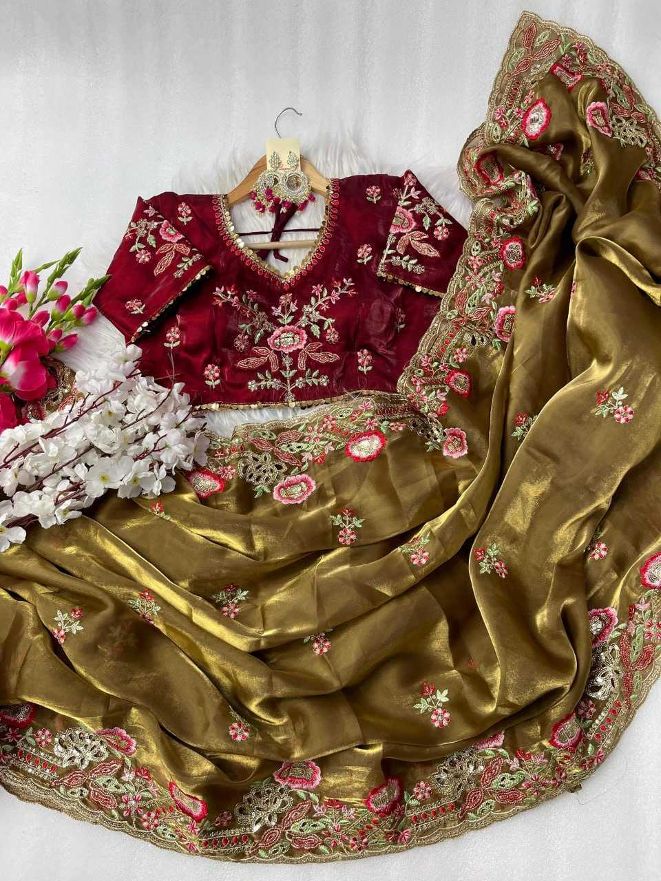 Elegant Pure Zimmy Choo Silk Blend Saree With Heavy Embroidery, Cutwork, And Sequins Border, Paired With Stitched Blouse