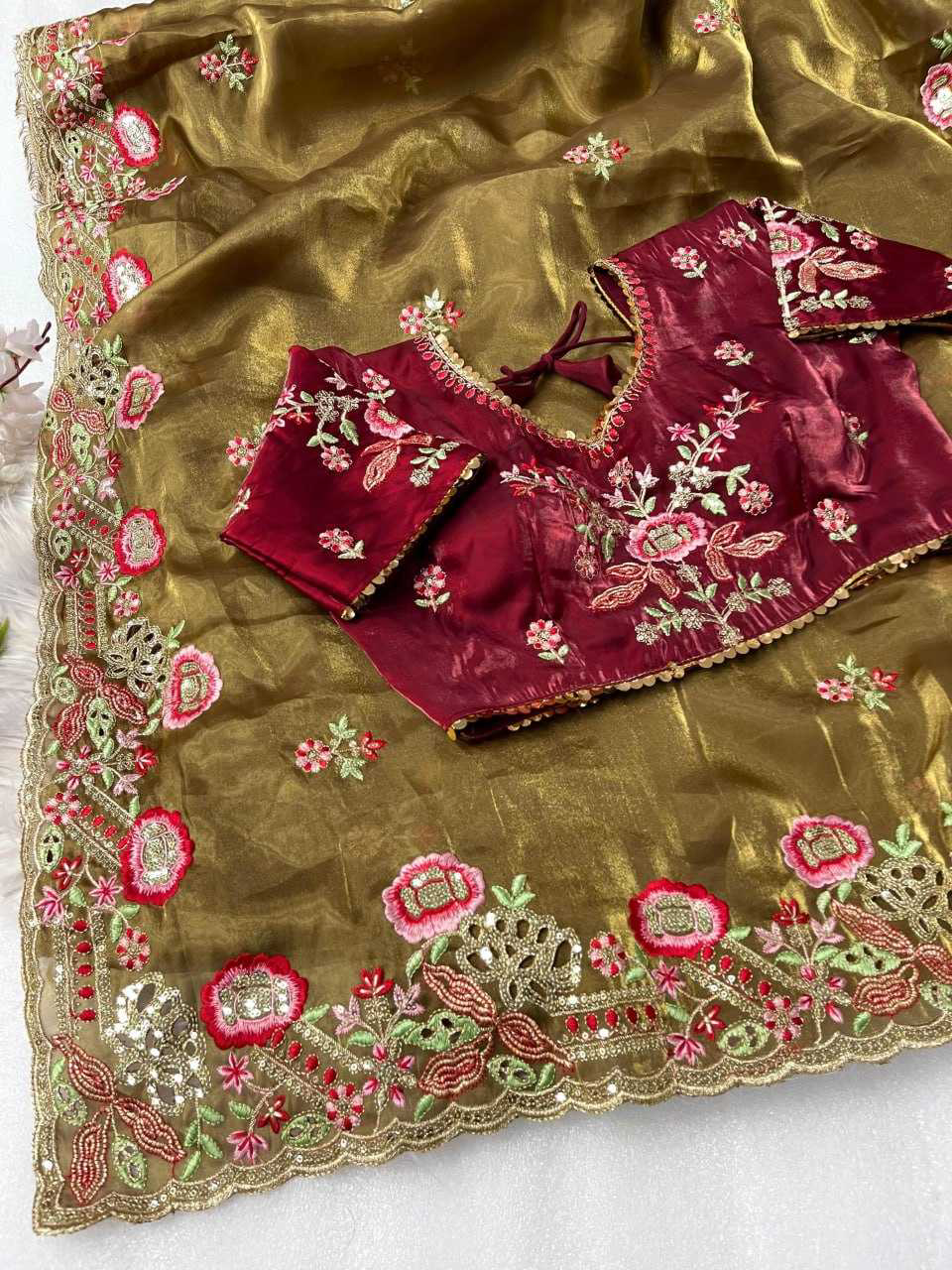 Elegant Pure Zimmy Choo Silk Blend Saree With Heavy Embroidery, Cutwork, And Sequins Border, Paired With Stitched Blouse