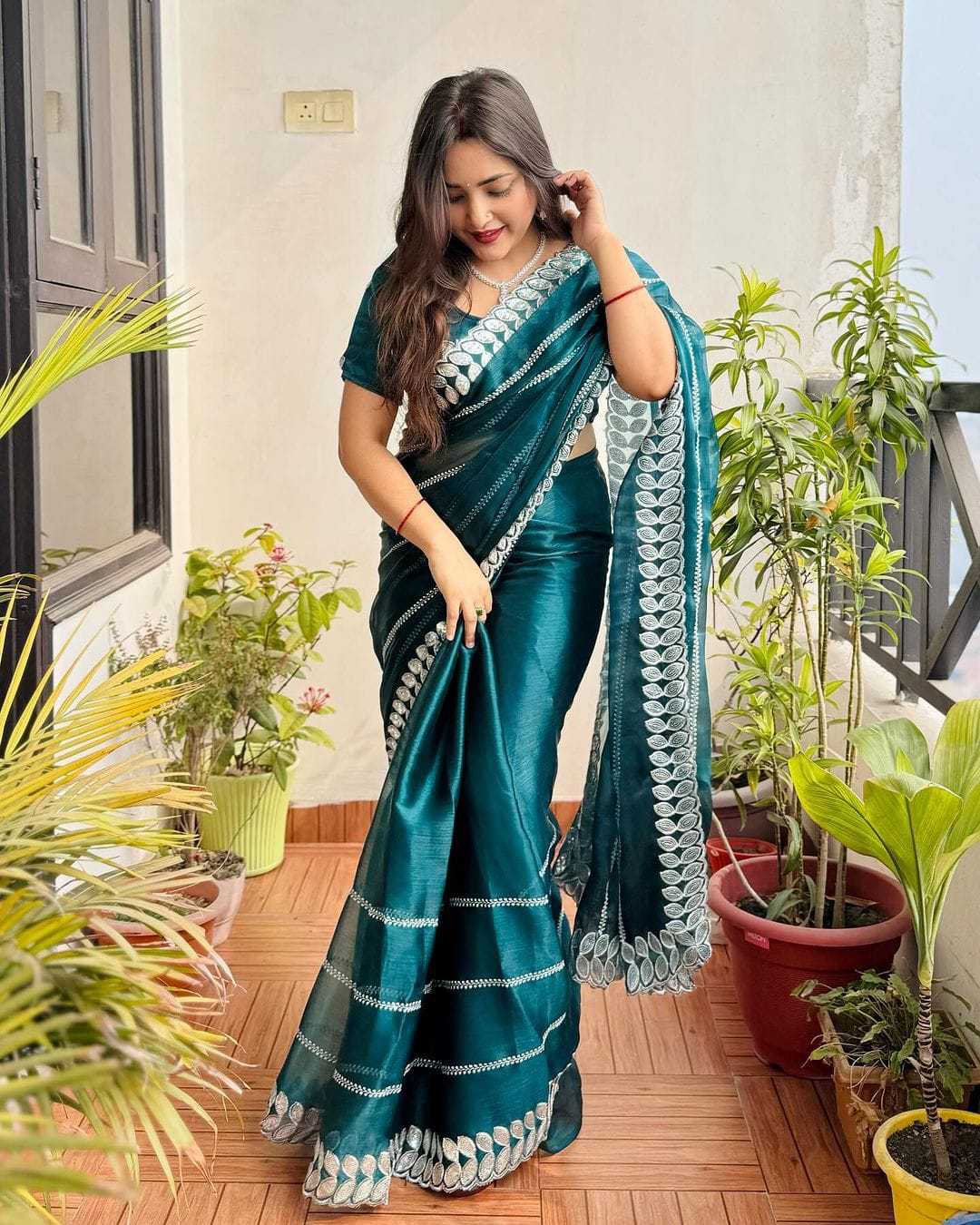 Pritty Rama Colour Soft Silk With Thread And Sequence Work Saree