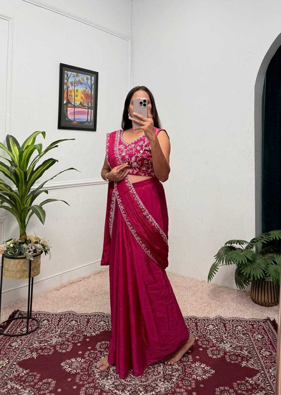 Blue EMBROIDERED LACE BORDER, READY TO WEAR WITH INNER & SHORT PALLU PATTERN