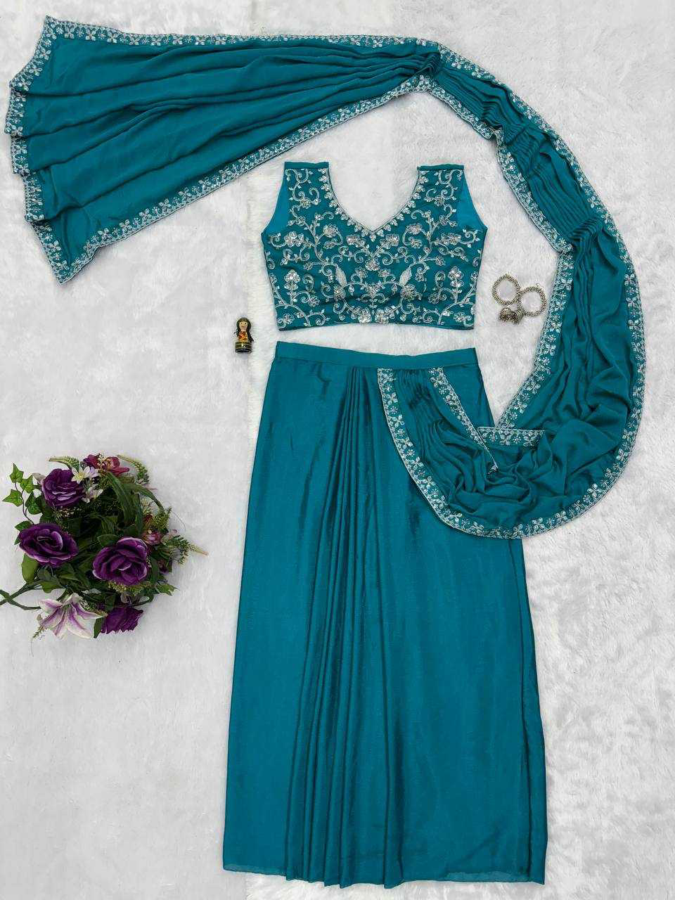 Blue EMBROIDERED LACE BORDER, READY TO WEAR WITH INNER & SHORT PALLU PATTERN
