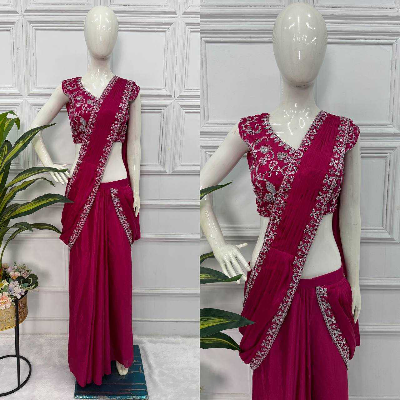 Blue EMBROIDERED LACE BORDER, READY TO WEAR WITH INNER & SHORT PALLU PATTERN