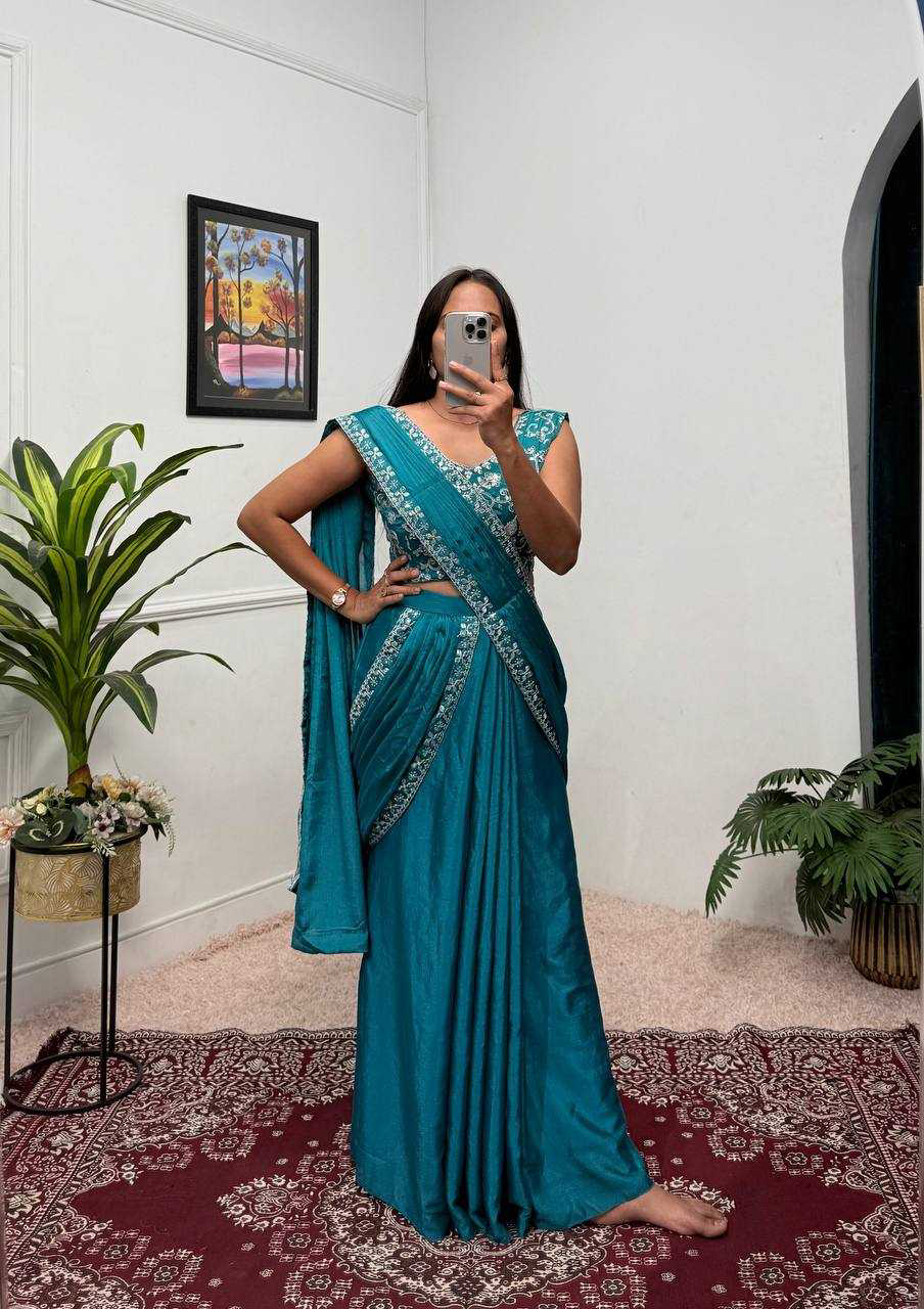Blue EMBROIDERED LACE BORDER, READY TO WEAR WITH INNER & SHORT PALLU PATTERN