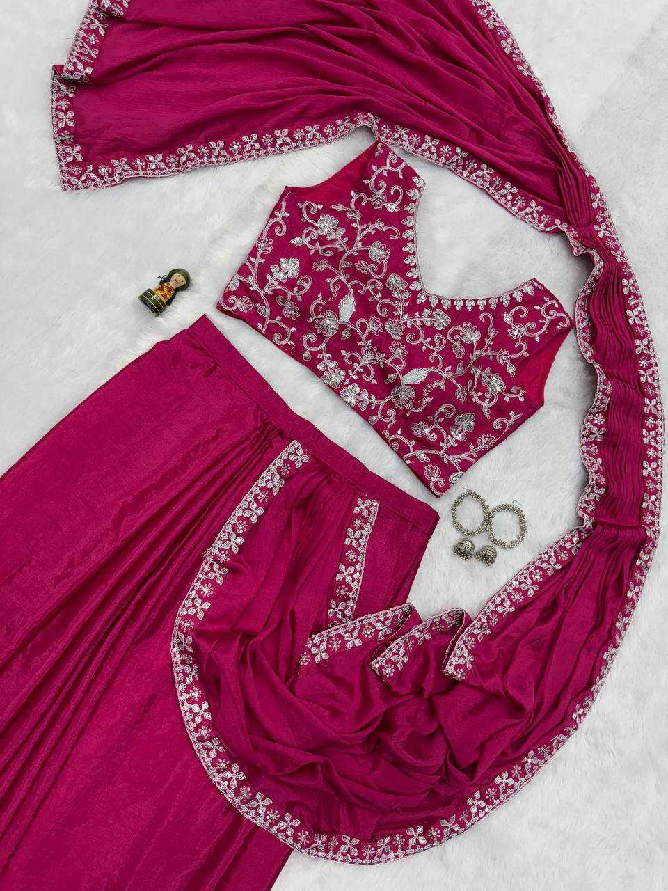Blue EMBROIDERED LACE BORDER, READY TO WEAR WITH INNER & SHORT PALLU PATTERN