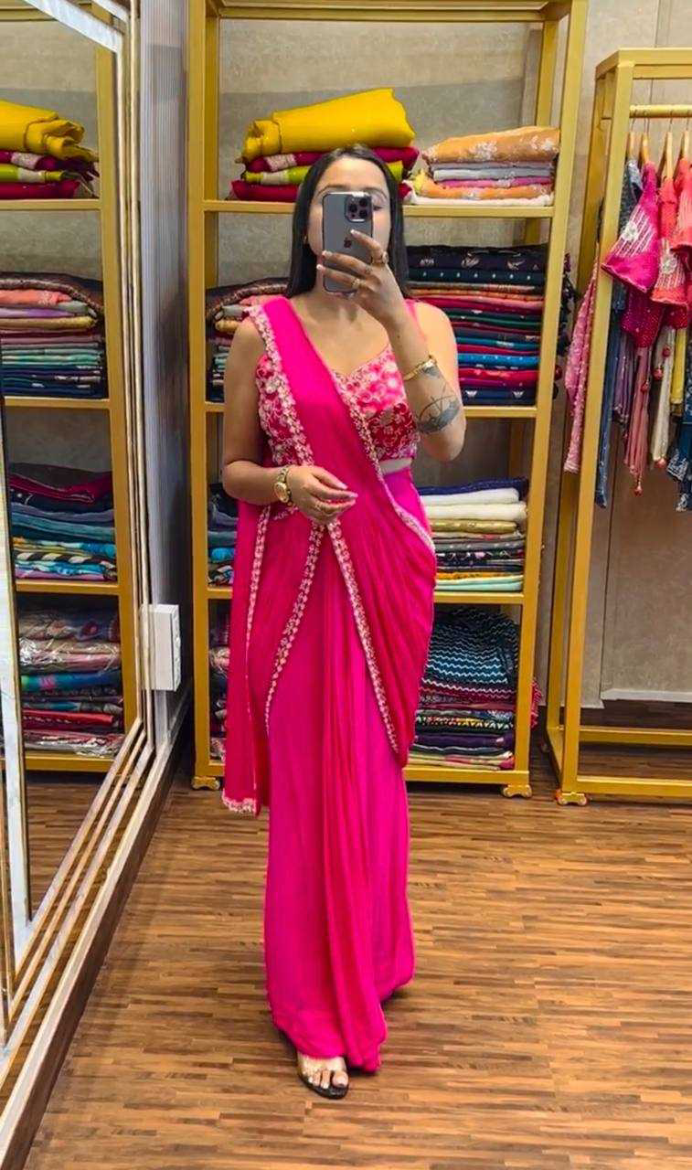 Blue EMBROIDERED LACE BORDER, READY TO WEAR WITH INNER & SHORT PALLU PATTERN