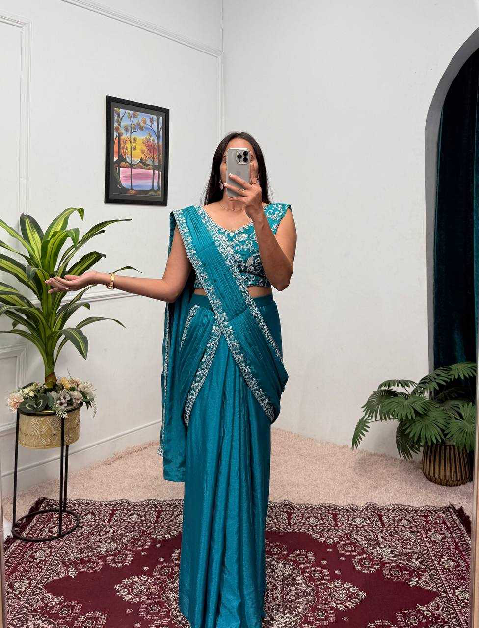 Blue EMBROIDERED LACE BORDER, READY TO WEAR WITH INNER & SHORT PALLU PATTERN