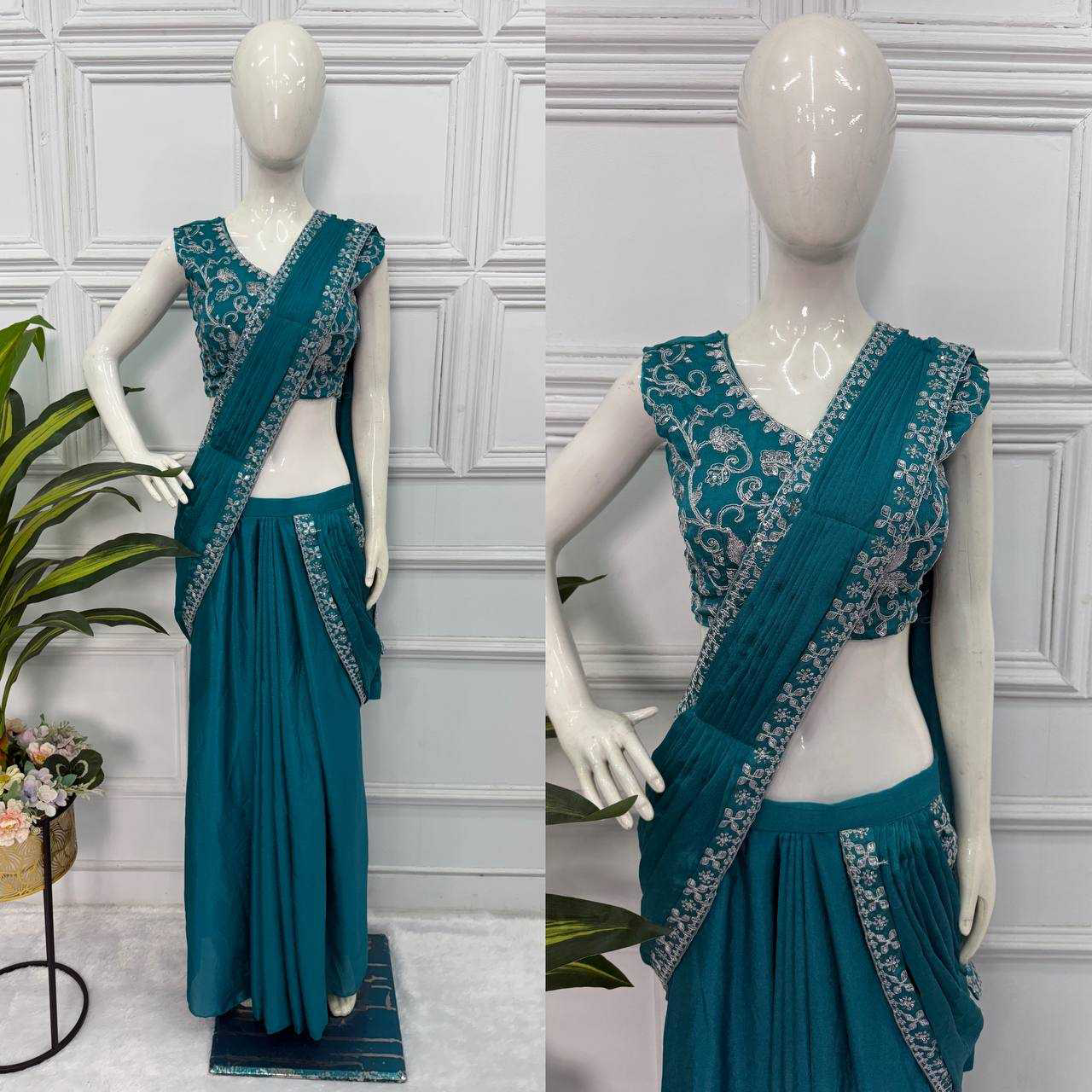 Blue EMBROIDERED LACE BORDER, READY TO WEAR WITH INNER & SHORT PALLU PATTERN