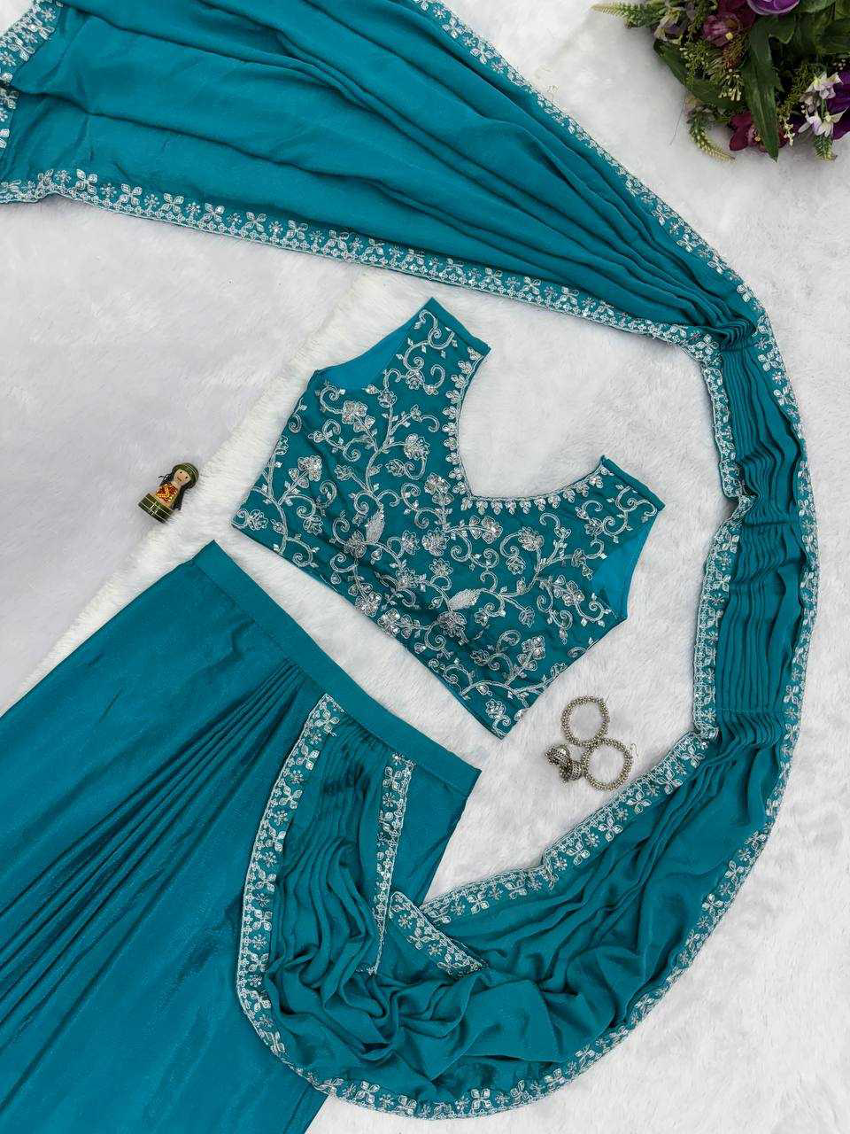Blue EMBROIDERED LACE BORDER, READY TO WEAR WITH INNER & SHORT PALLU PATTERN