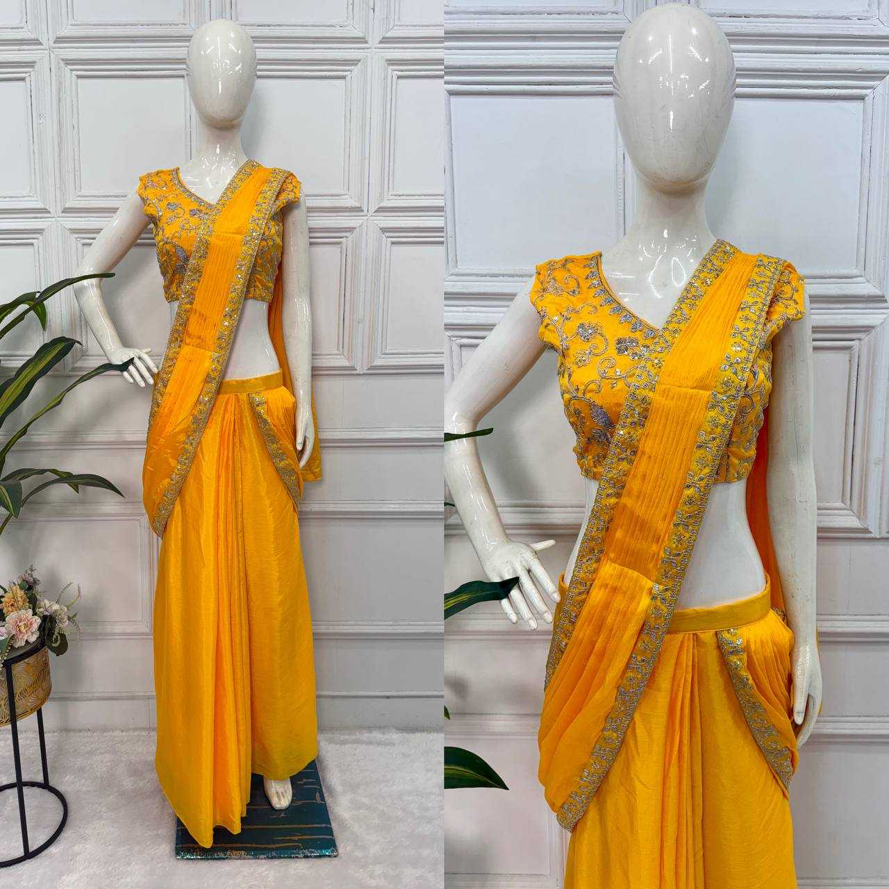 EMBROIDERED LACE BORDER, READY TO WEAR WITH INNER & SHORT PALLU PATTERN