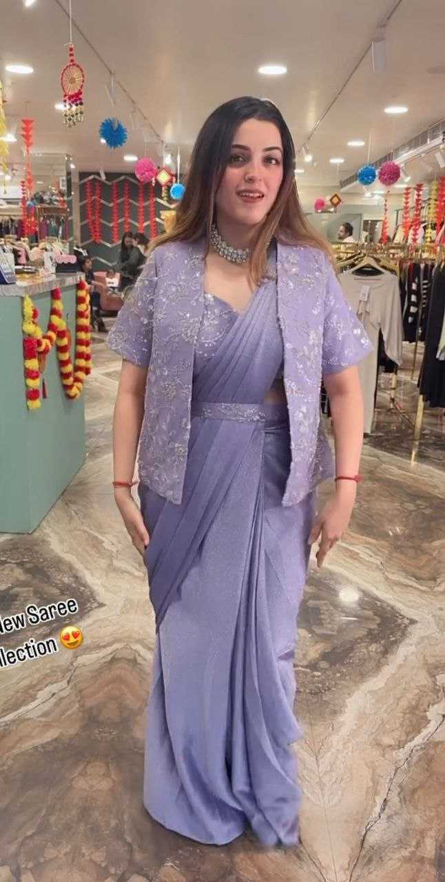 New Beige Heavy Satin Saree with Embroidered Jacket & Belt