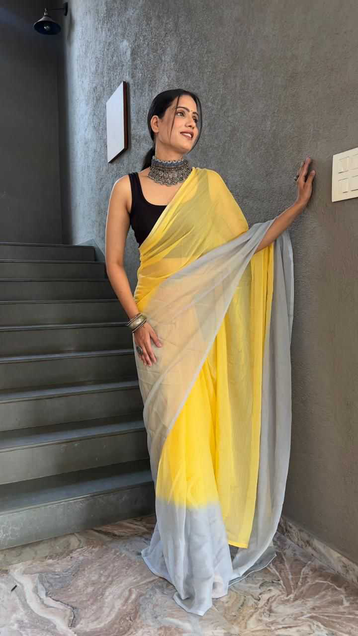 Gorgeous Light Yellow Georgette Padding Print Ready to Wear Sarees With Unstitched Blouse
