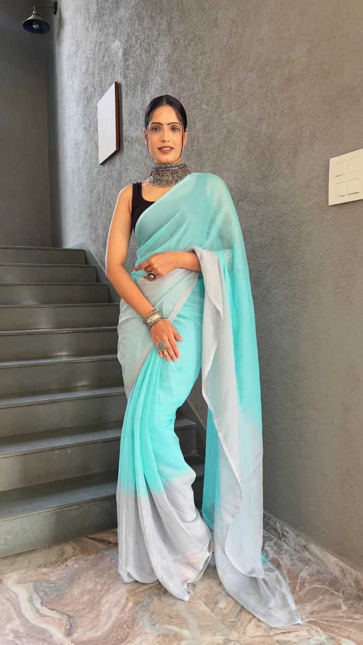 Gorgeous Light sky Blue Georgette Padding Print Ready to Wear Sarees With Unstitched Blouse
