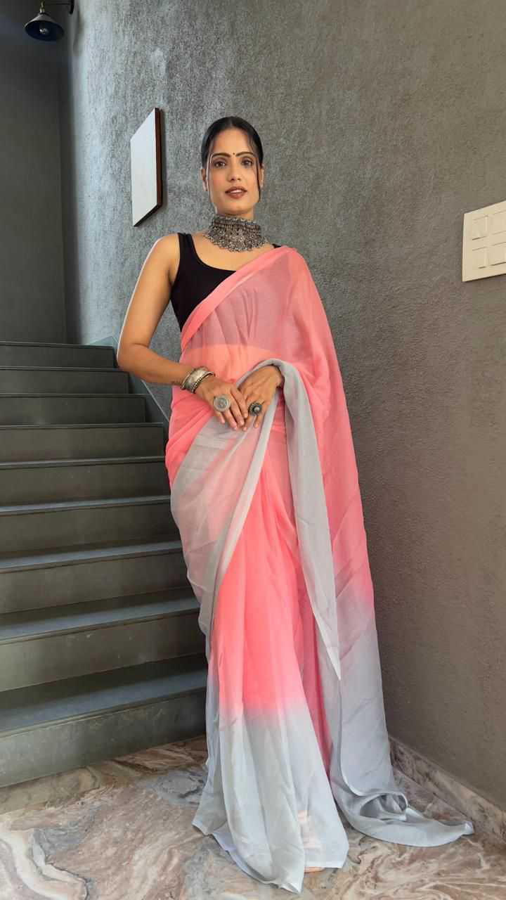 Gorgeous Peach Georgette Padding Print Ready to Wear Sarees With Unstitched Blouse