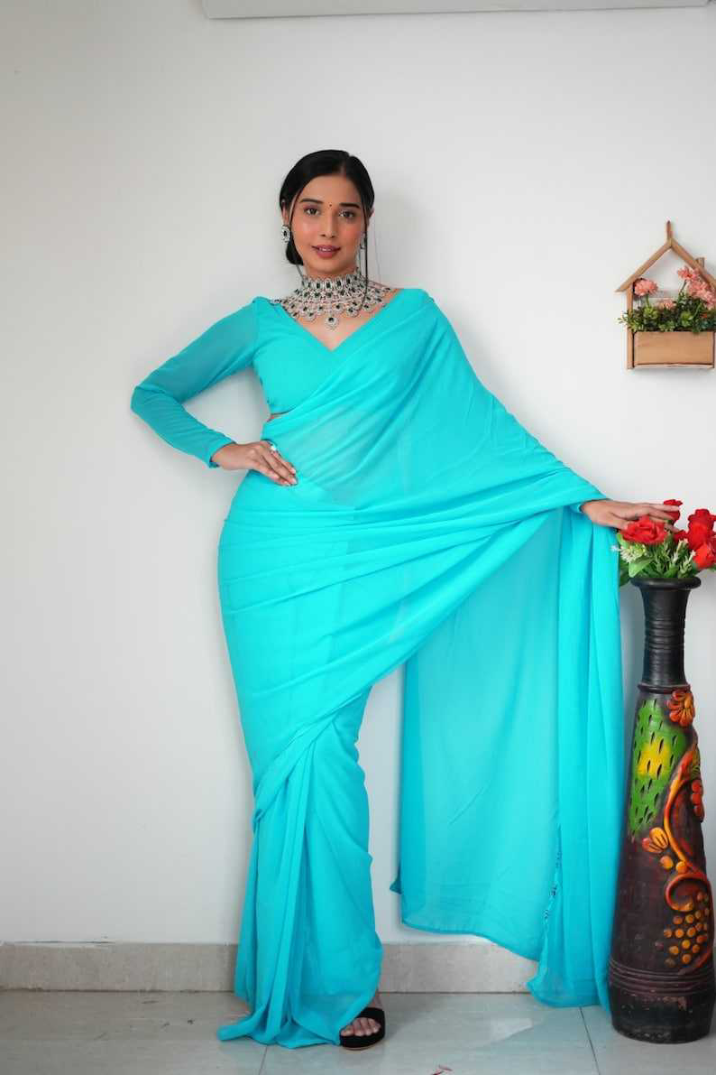 Pretty Sky Blue Color Soft Georgette Silk Design All Over Work Saree