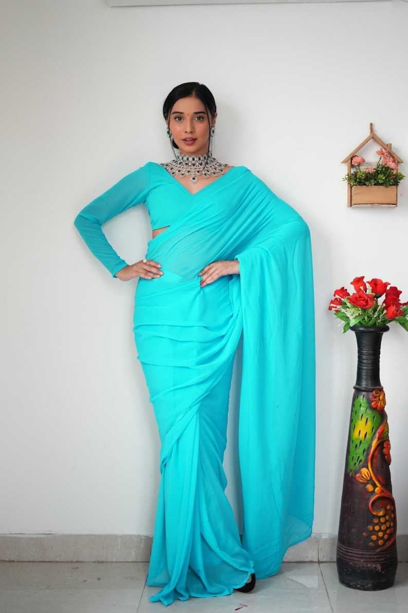 Pretty Sky Blue Color Soft Georgette Silk Design All Over Work Saree