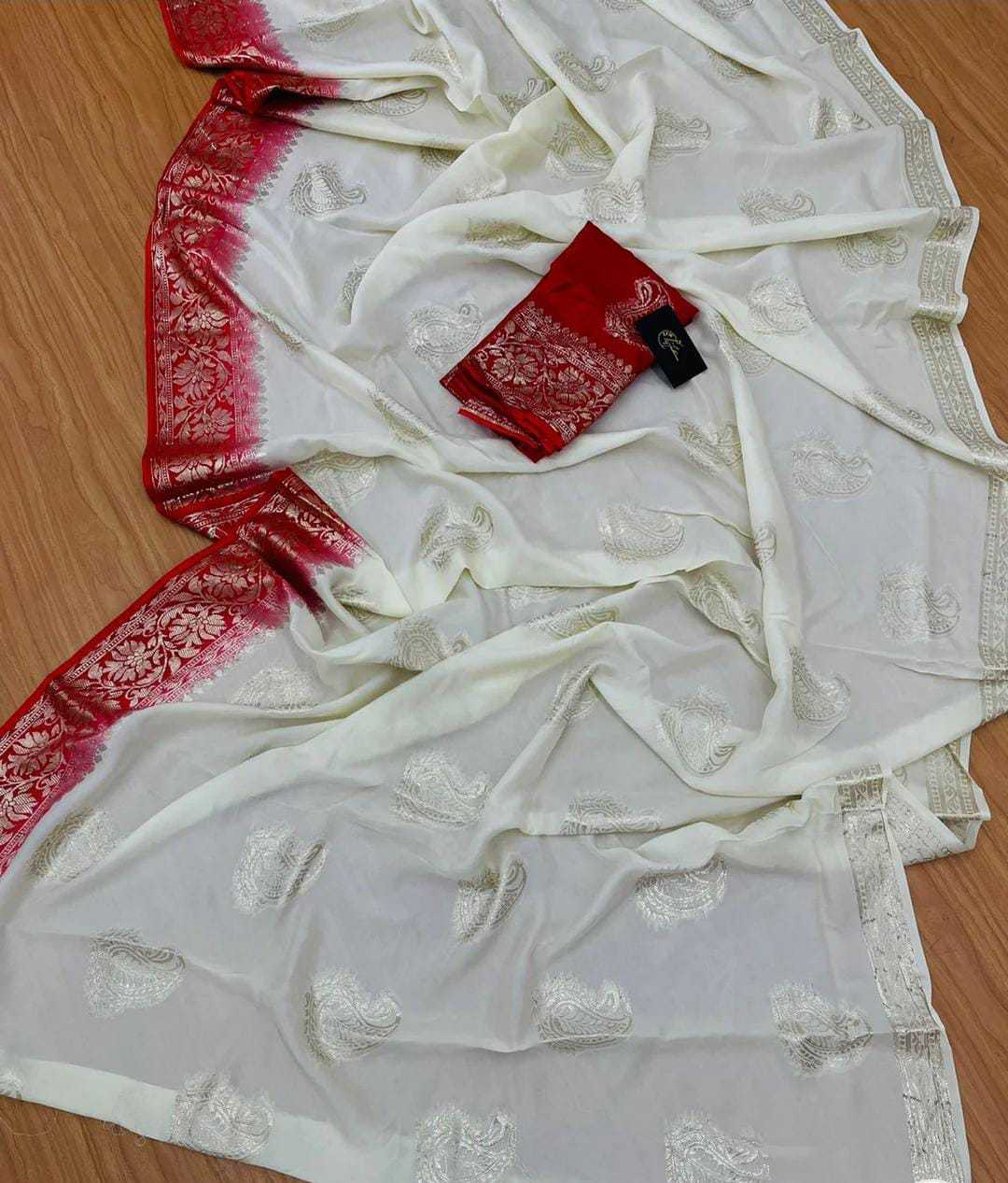 Pure viscose dola jacquard border saree with ready made red color blouse