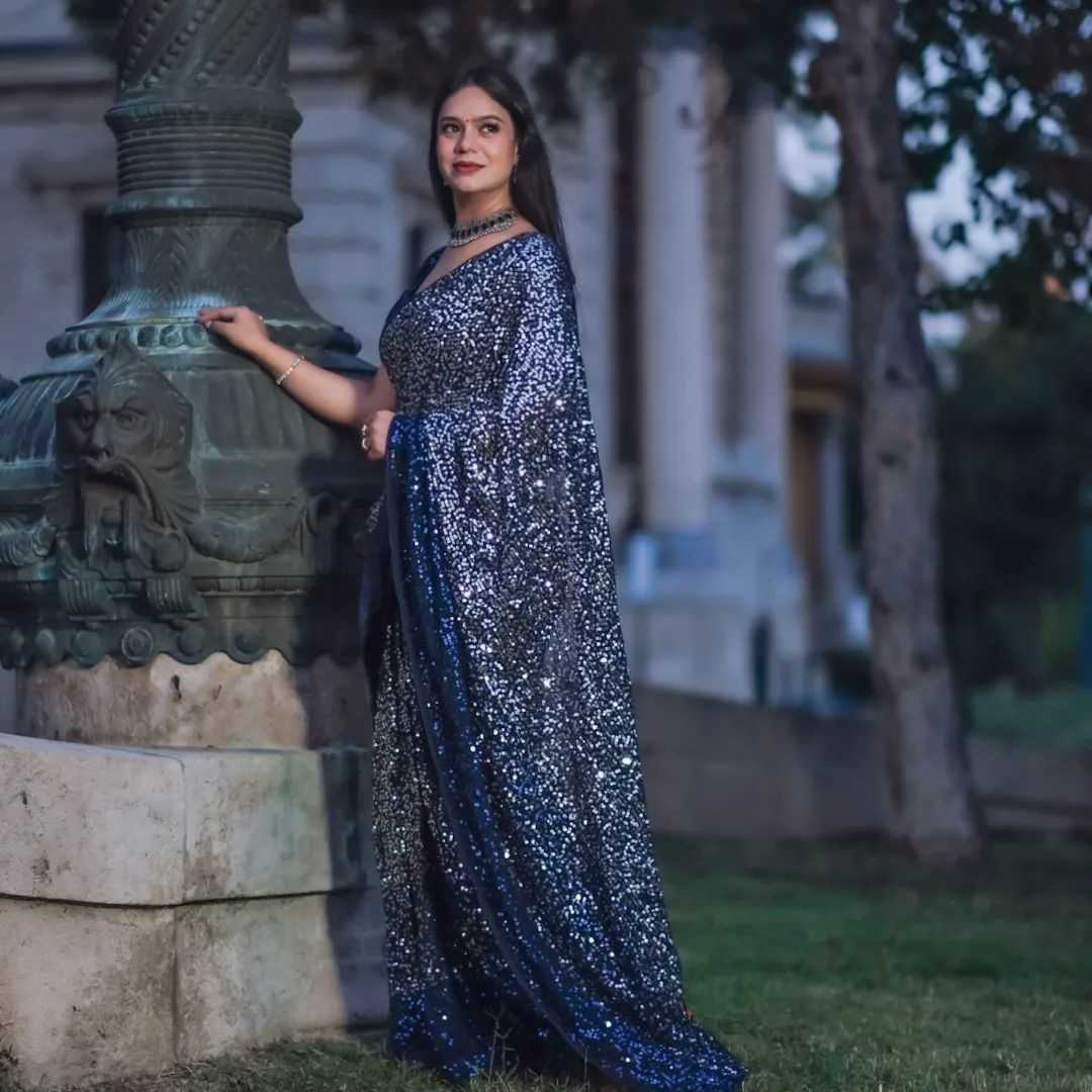 Navy Blue Beautiful Dual color 5 MM sequins embroidery work Saree