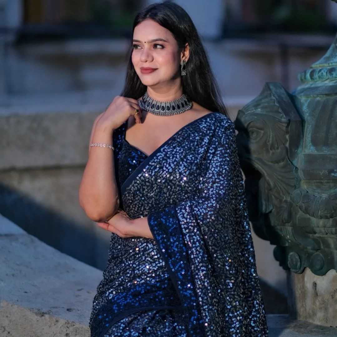 Navy Blue Beautiful Dual color 5 MM sequins embroidery work Saree