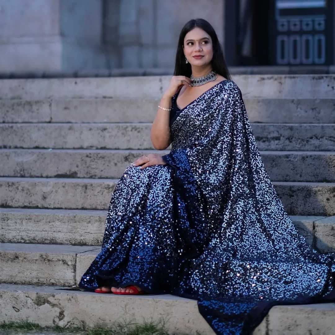 Navy Blue Beautiful Dual color 5 MM sequins embroidery work Saree