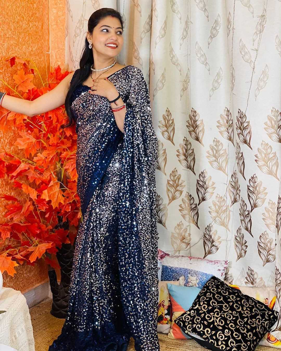 Navy Blue Beautiful Dual color 5 MM sequins embroidery work Saree