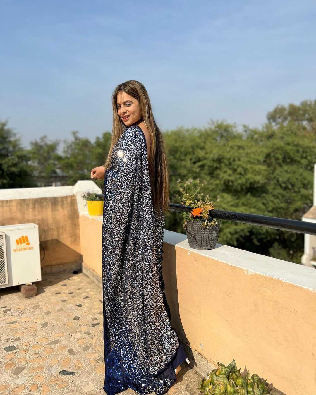 Navy Blue Beautiful Dual color 5 MM sequins embroidery work Saree