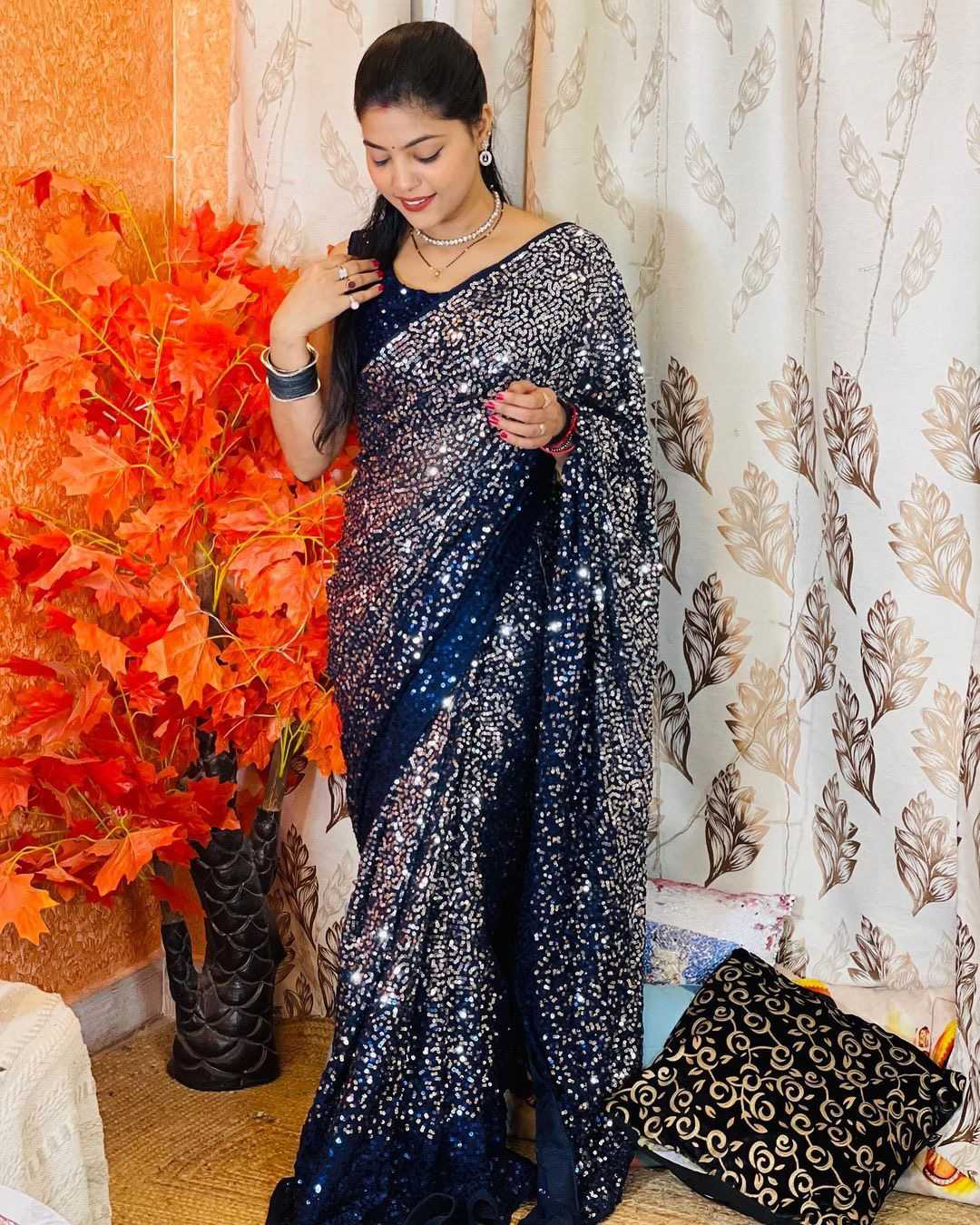 Navy Blue Beautiful Dual color 5 MM sequins embroidery work Saree