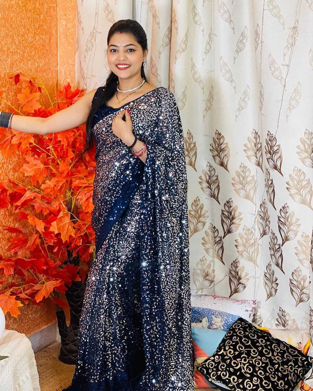 Navy Blue Beautiful Dual color 5 MM sequins embroidery work Saree
