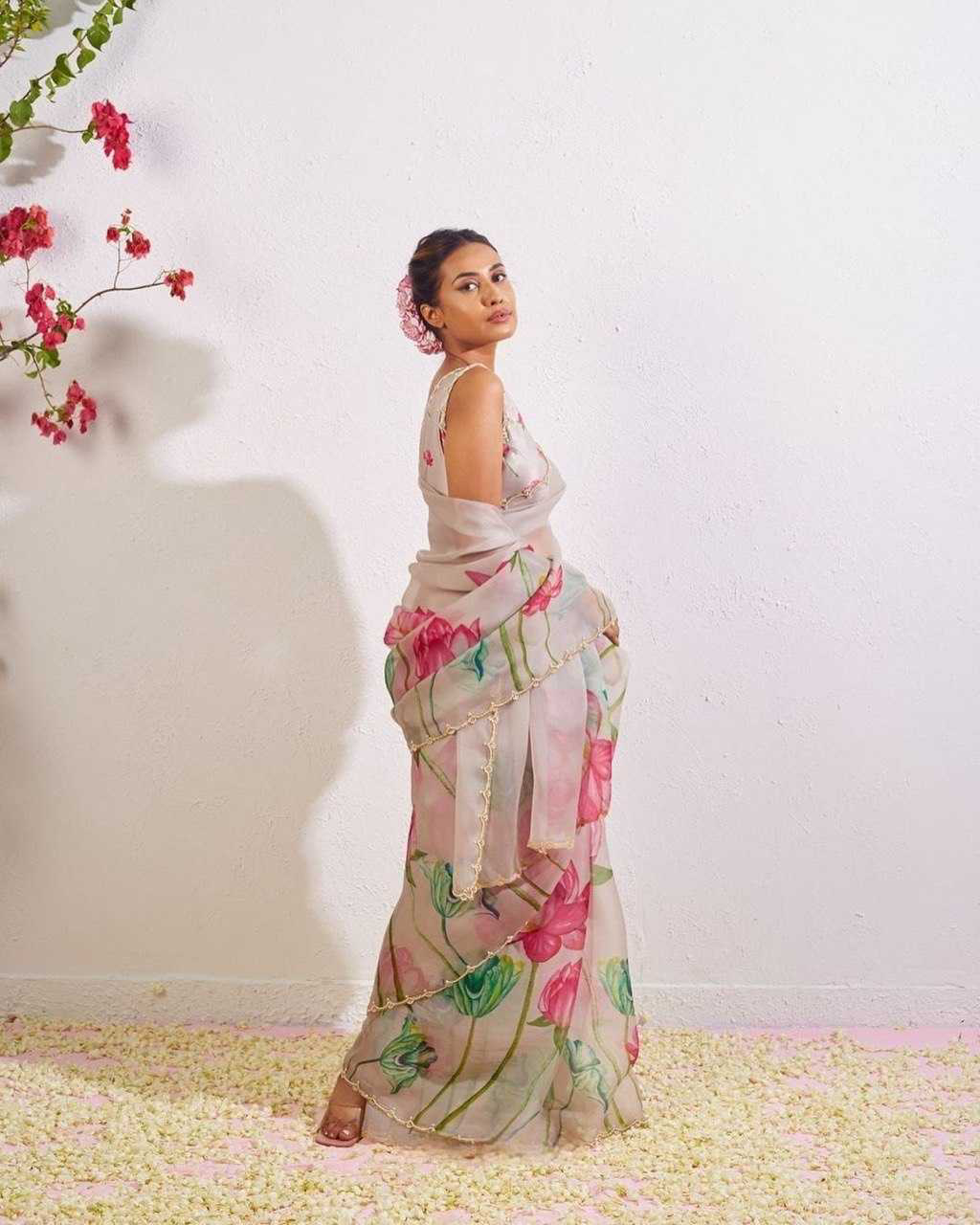Organza Silk Reception Saree
in White and Off White with Printed work