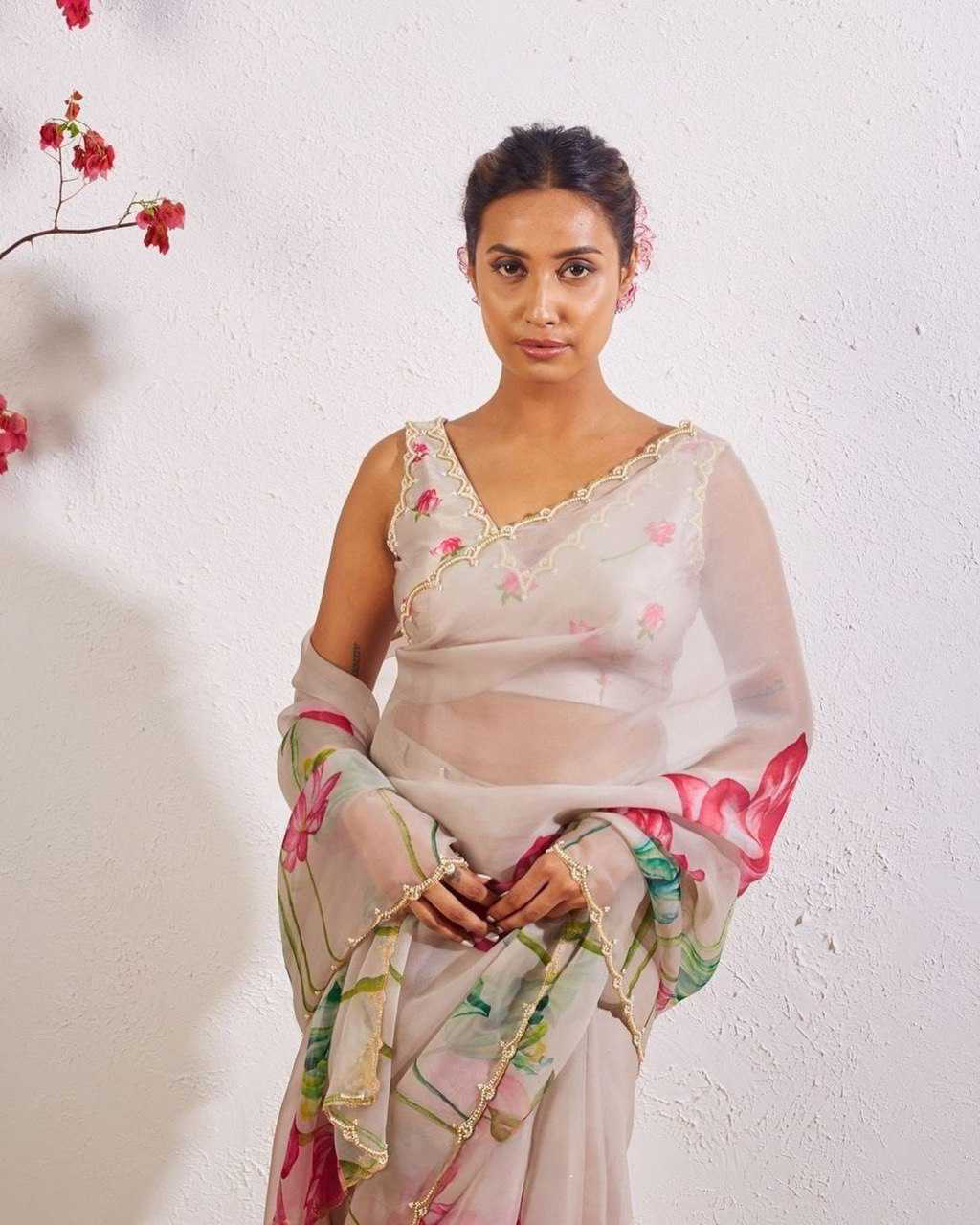 Organza Silk Reception Saree
in White and Off White with Printed work