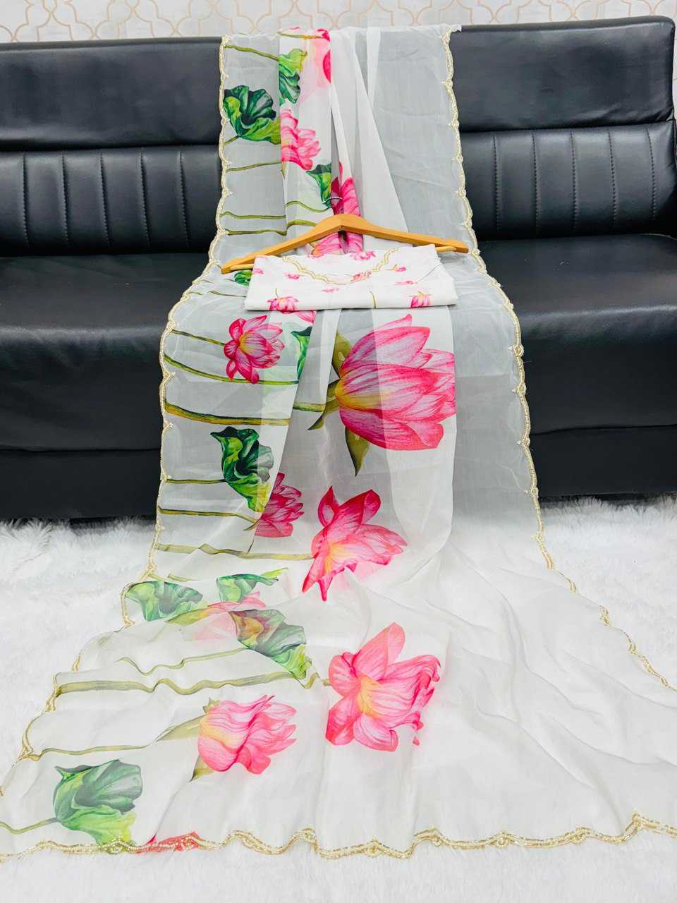 Organza Silk Reception Saree
in White and Off White with Printed work