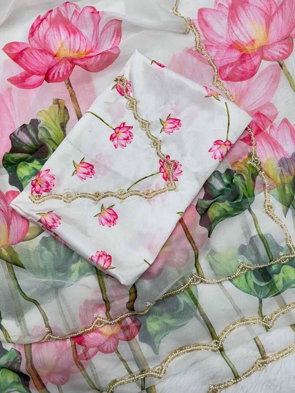 Organza Silk Reception Saree
in White and Off White with Printed work