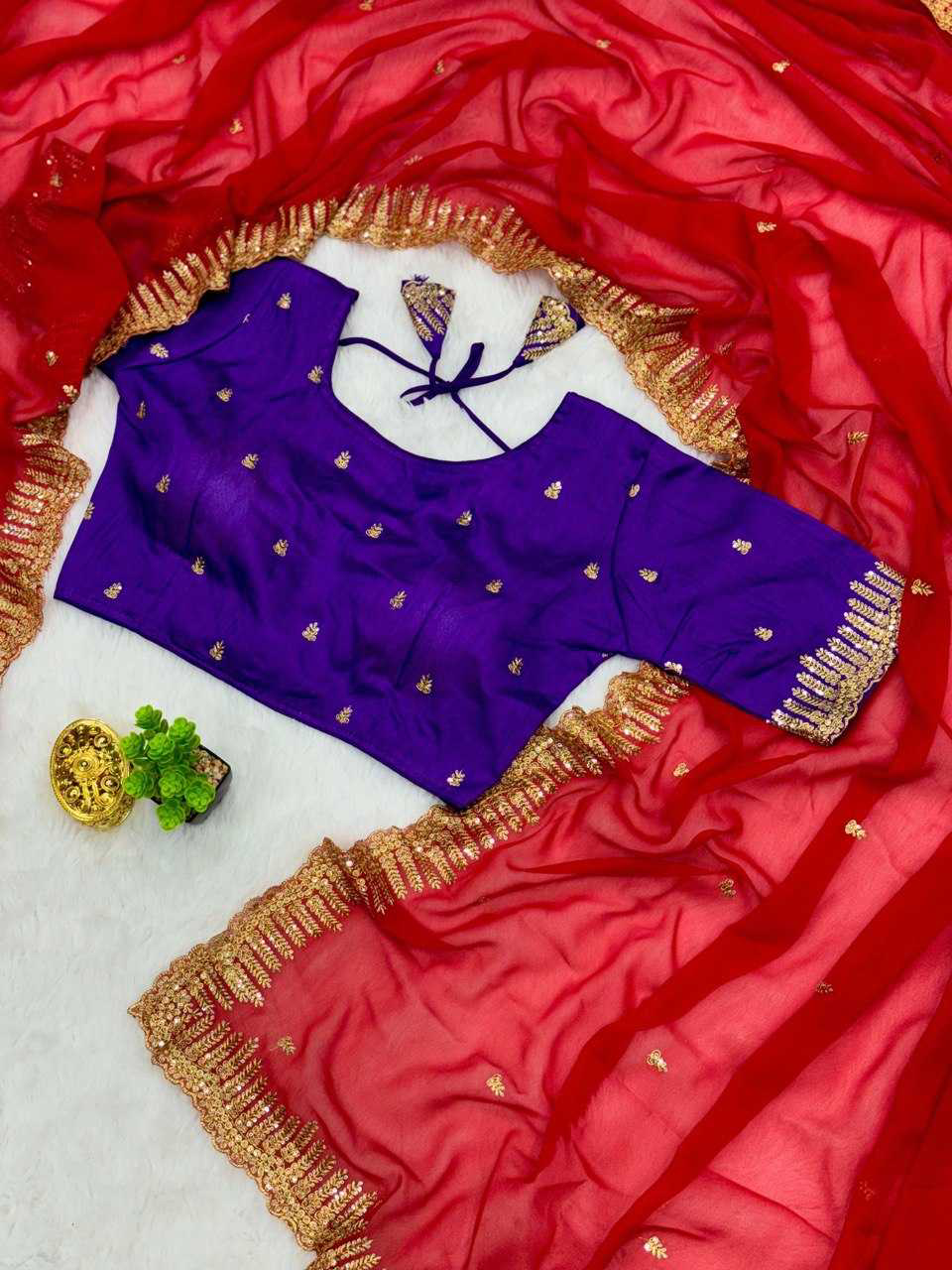 Scarlet Red Sequins Embroidered Silk Saree