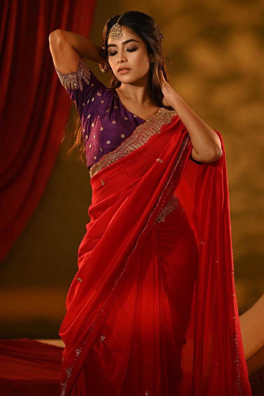 Scarlet Red Sequins Embroidered Silk Saree