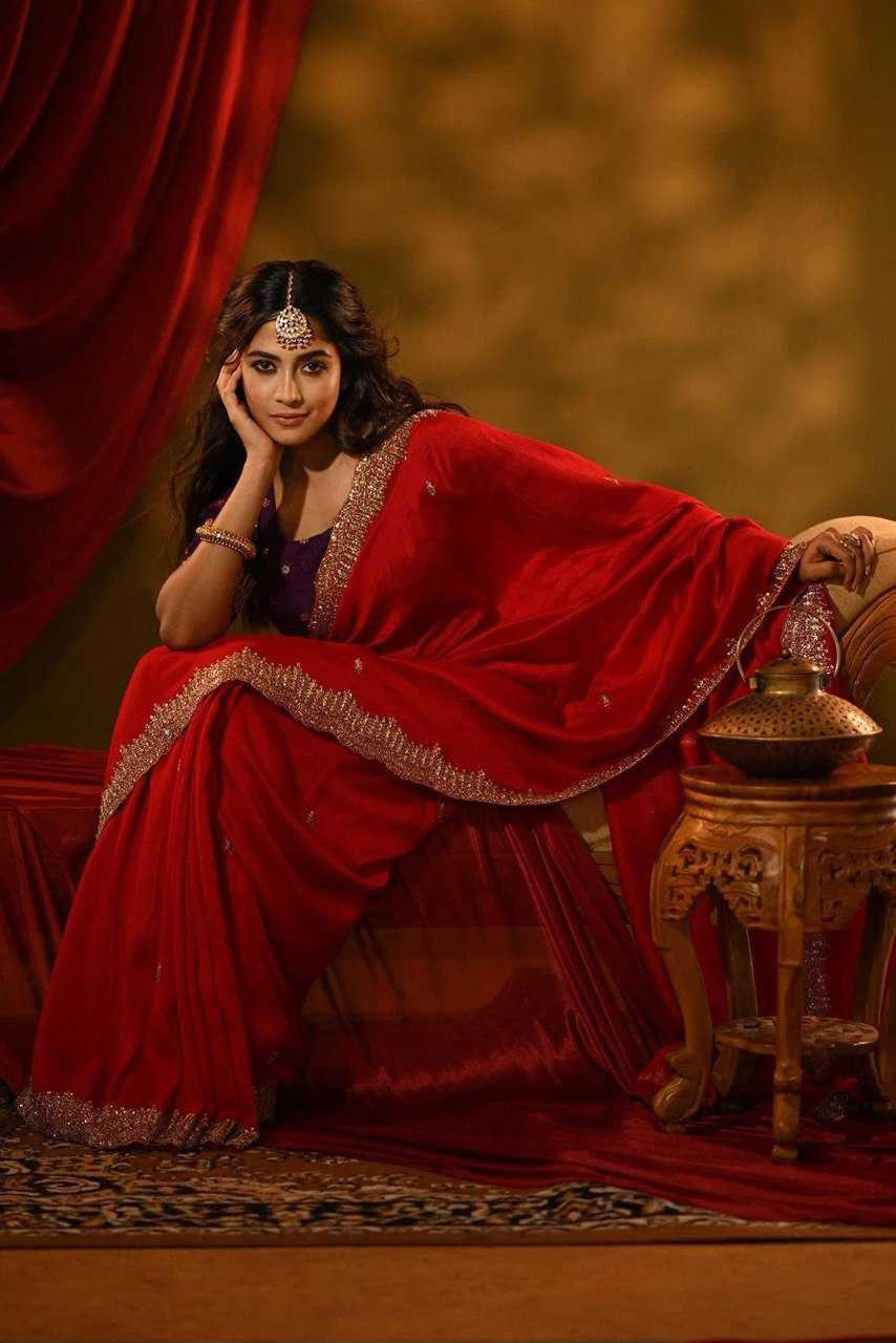 Scarlet Red Sequins Embroidered Silk Saree