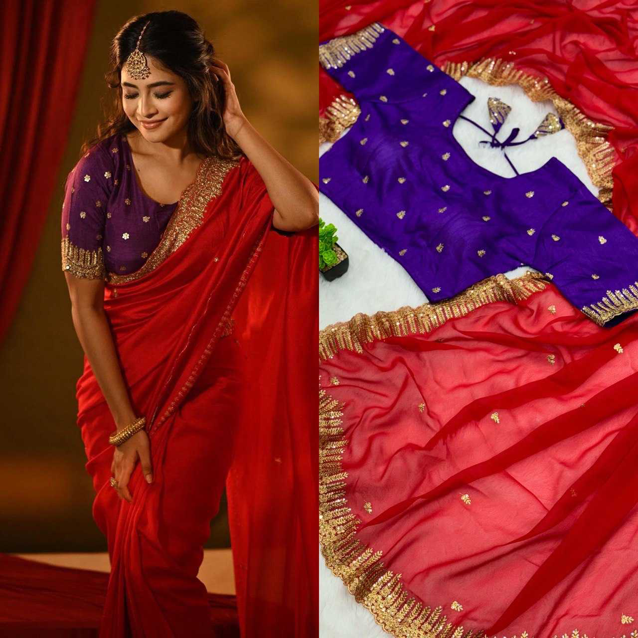 Scarlet Red Sequins Embroidered Silk Saree