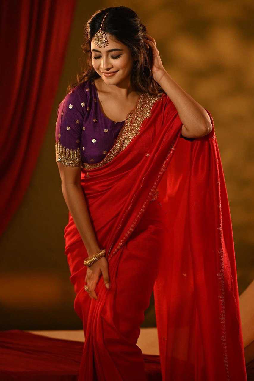 Scarlet Red Sequins Embroidered Silk Saree