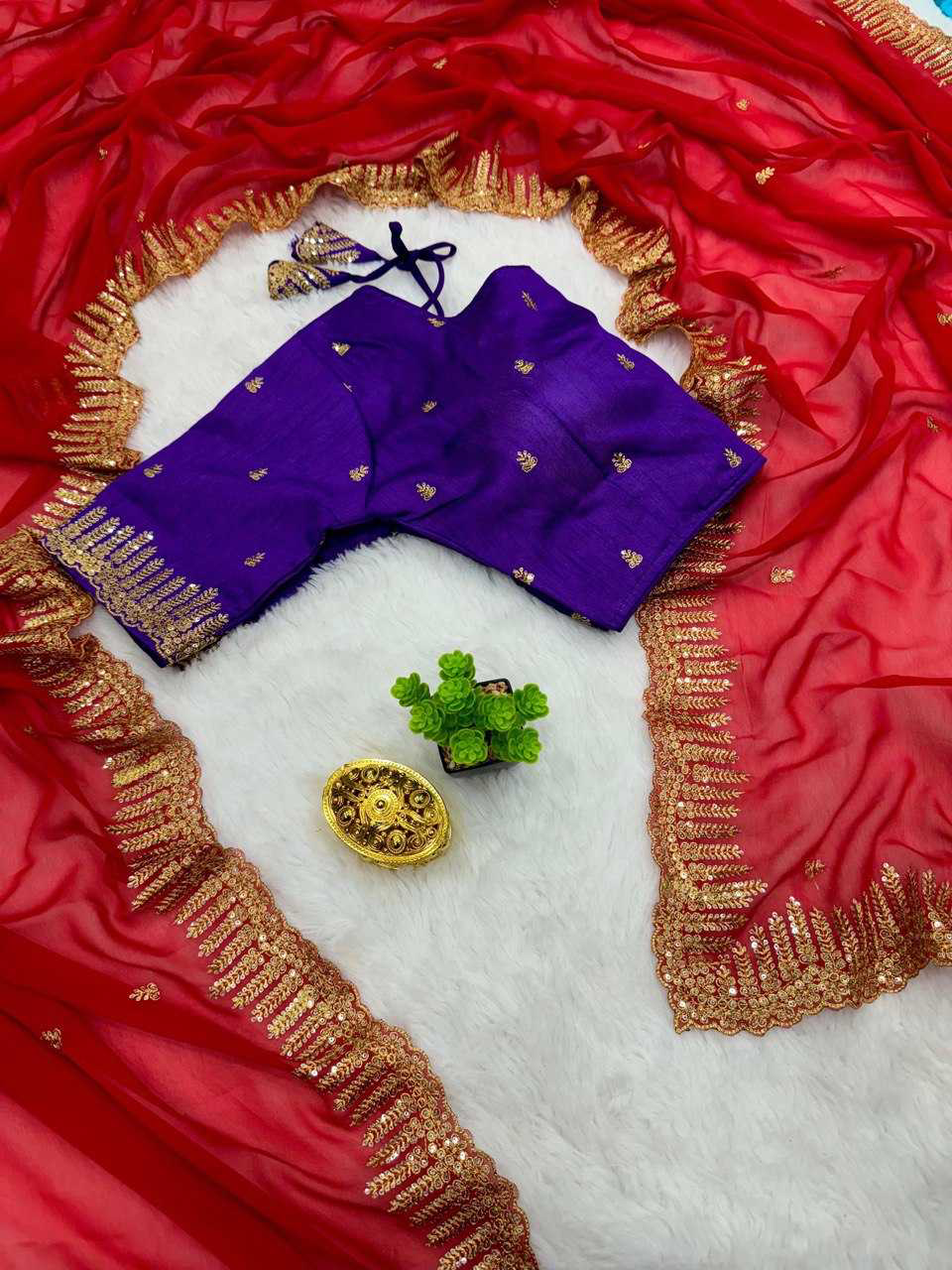 Scarlet Red Sequins Embroidered Silk Saree