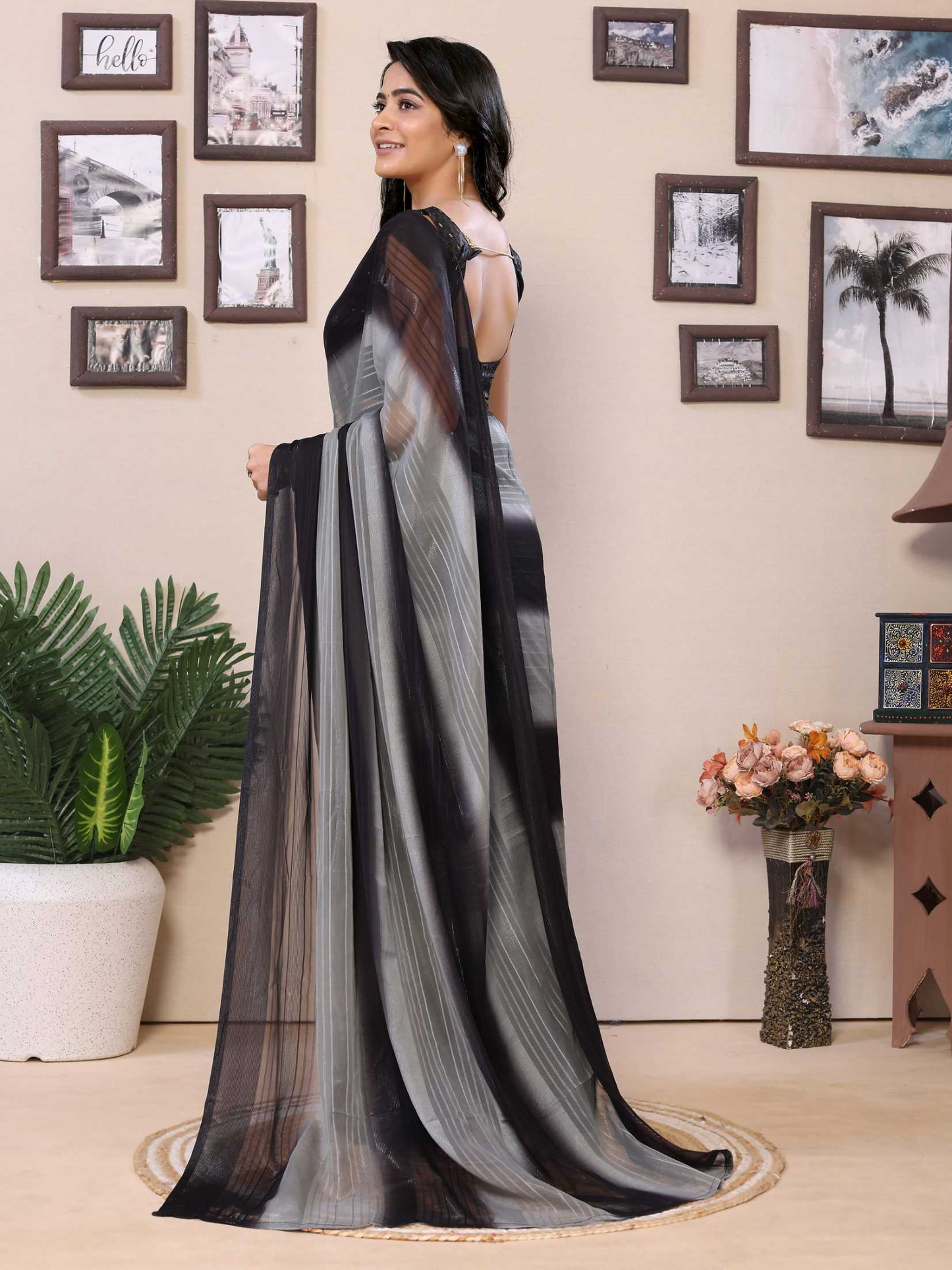 Ready to wear multi georgette saree with zari stripe work