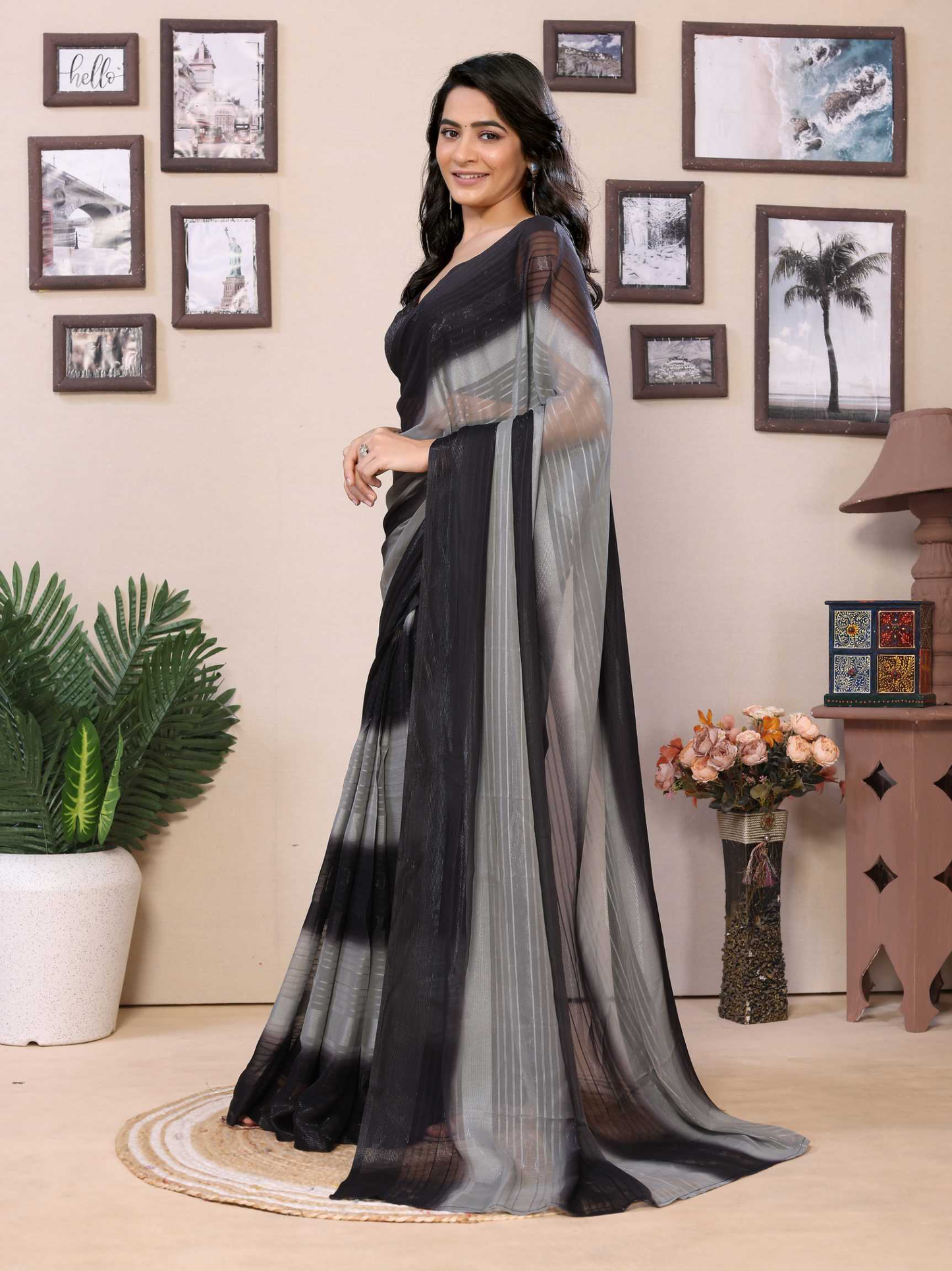 Ready to wear multi georgette saree with zari stripe work