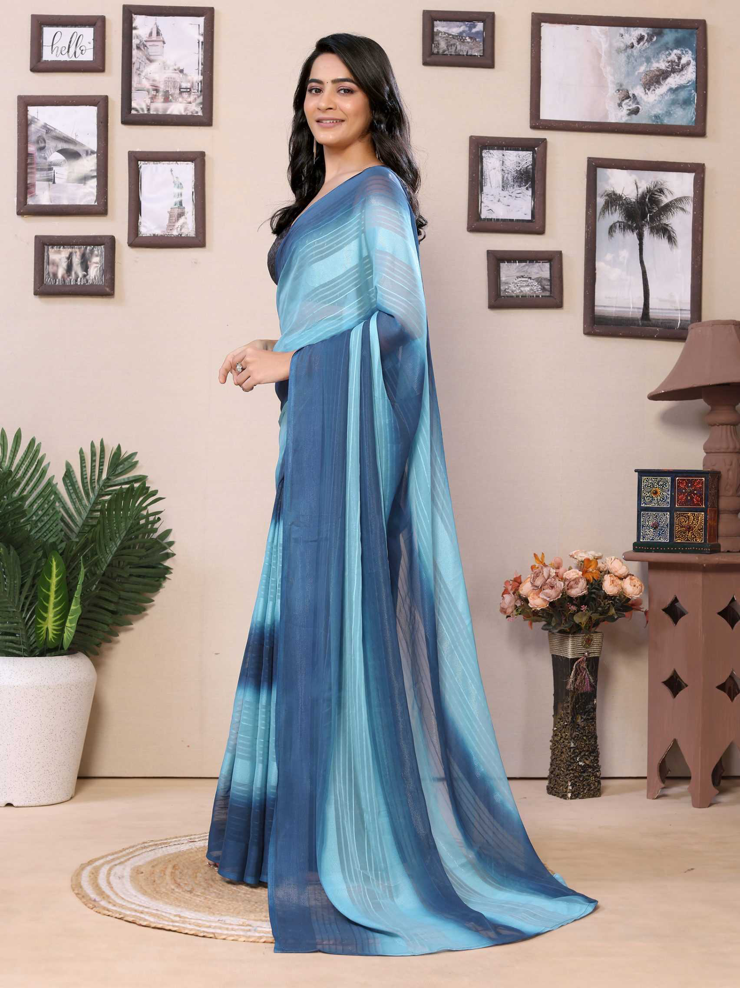 Ready to wear multi georgette saree with zari stripe work