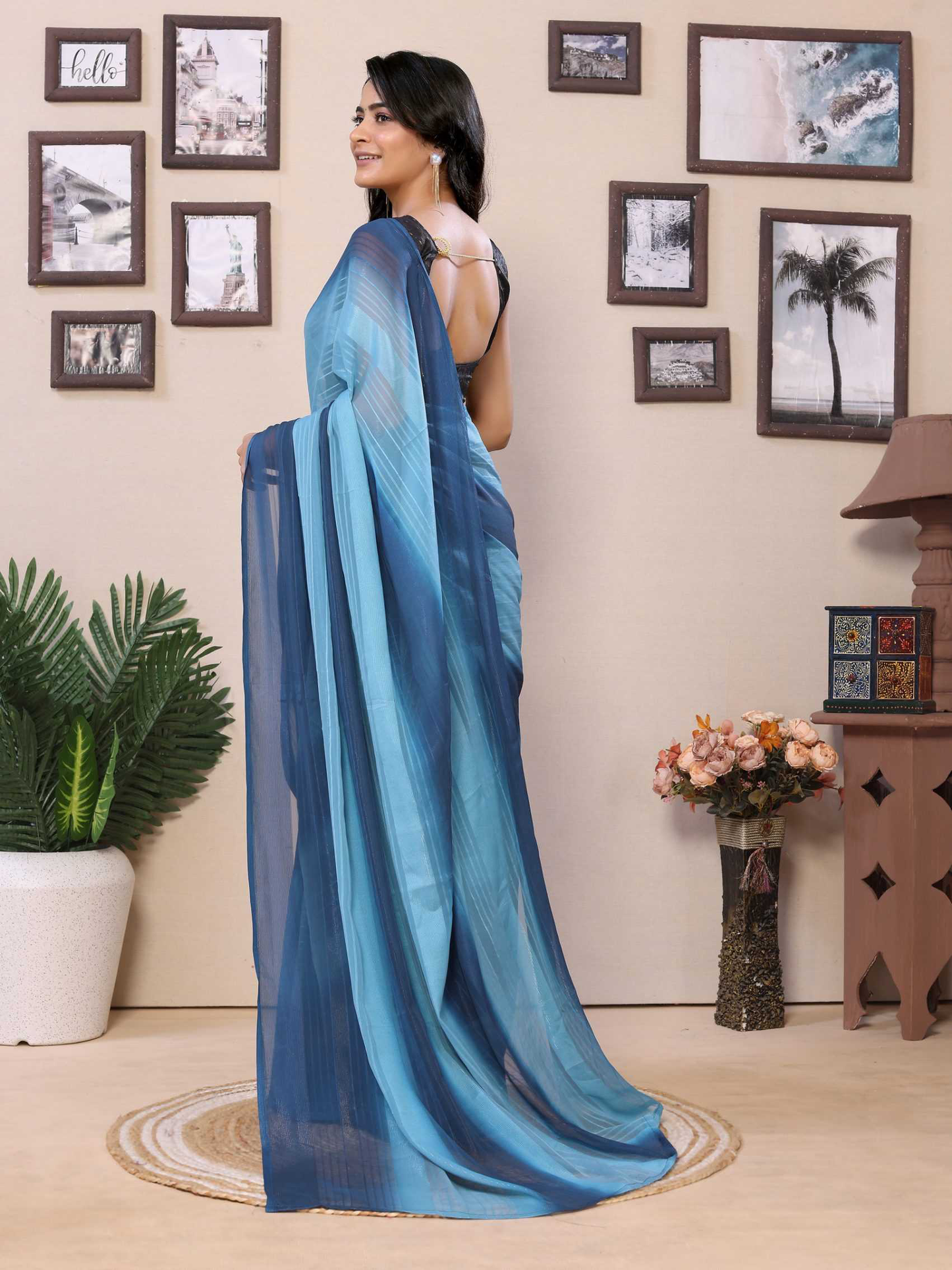 Ready to wear multi georgette saree with zari stripe work
