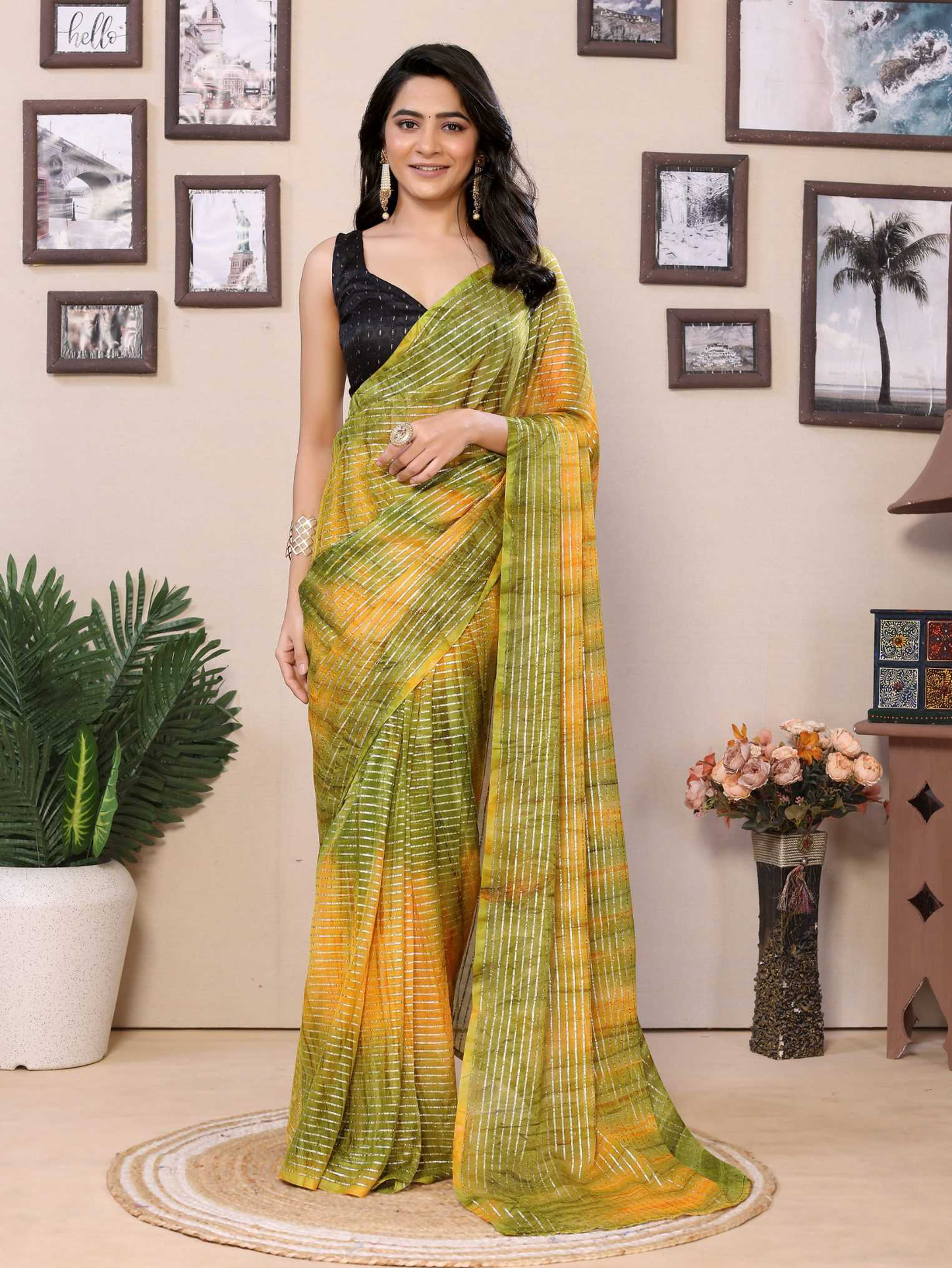 Ready To Wear Mehendi Fancy Gerogette Padding Saree With Blouse